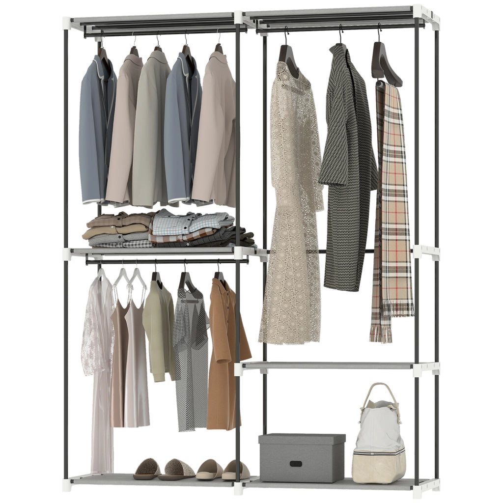 Armadio guardaroba aperto ¨C Xylo ¨C 4 ripiani in tessuto, 3 barre appendiabiti, struttura in metallo, grigio chiaro, 142x43x185 cm