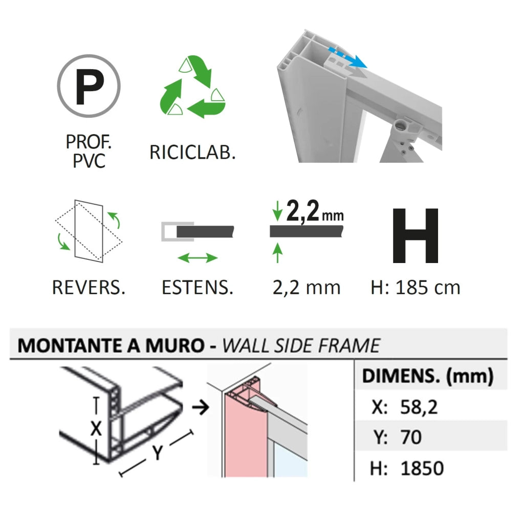 Parete doccia Walk-in Lato 80 CM H 190 in Acrilico mod. Beatrix Profilo
