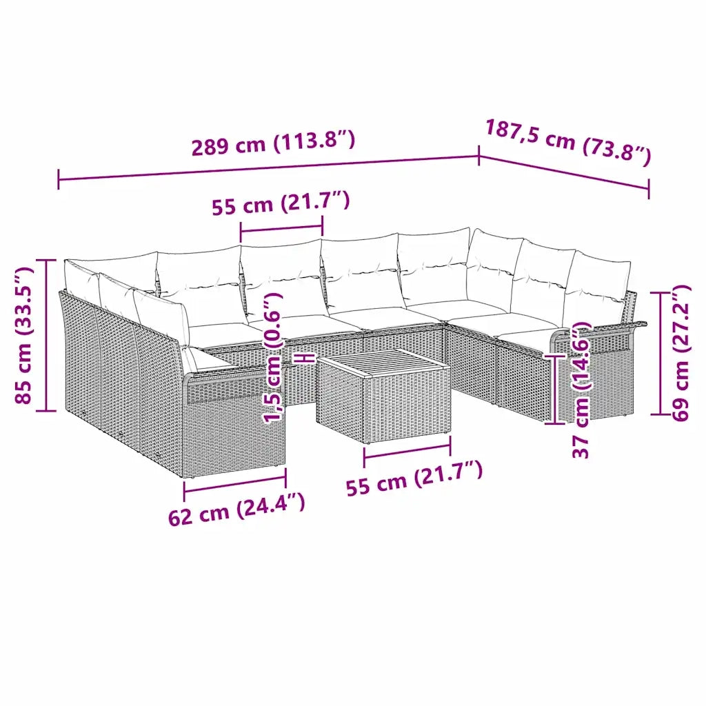 Set Divano da Giardino con cuscino 10 pcs Beige polyrattan 3347371