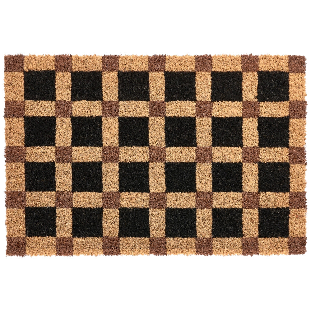 Zerbino in fibra di cocco beige e nero con fondo antiscivolo, 60 x 90 cm. Zerbino decorativo antiscivolo con motivo a quadri