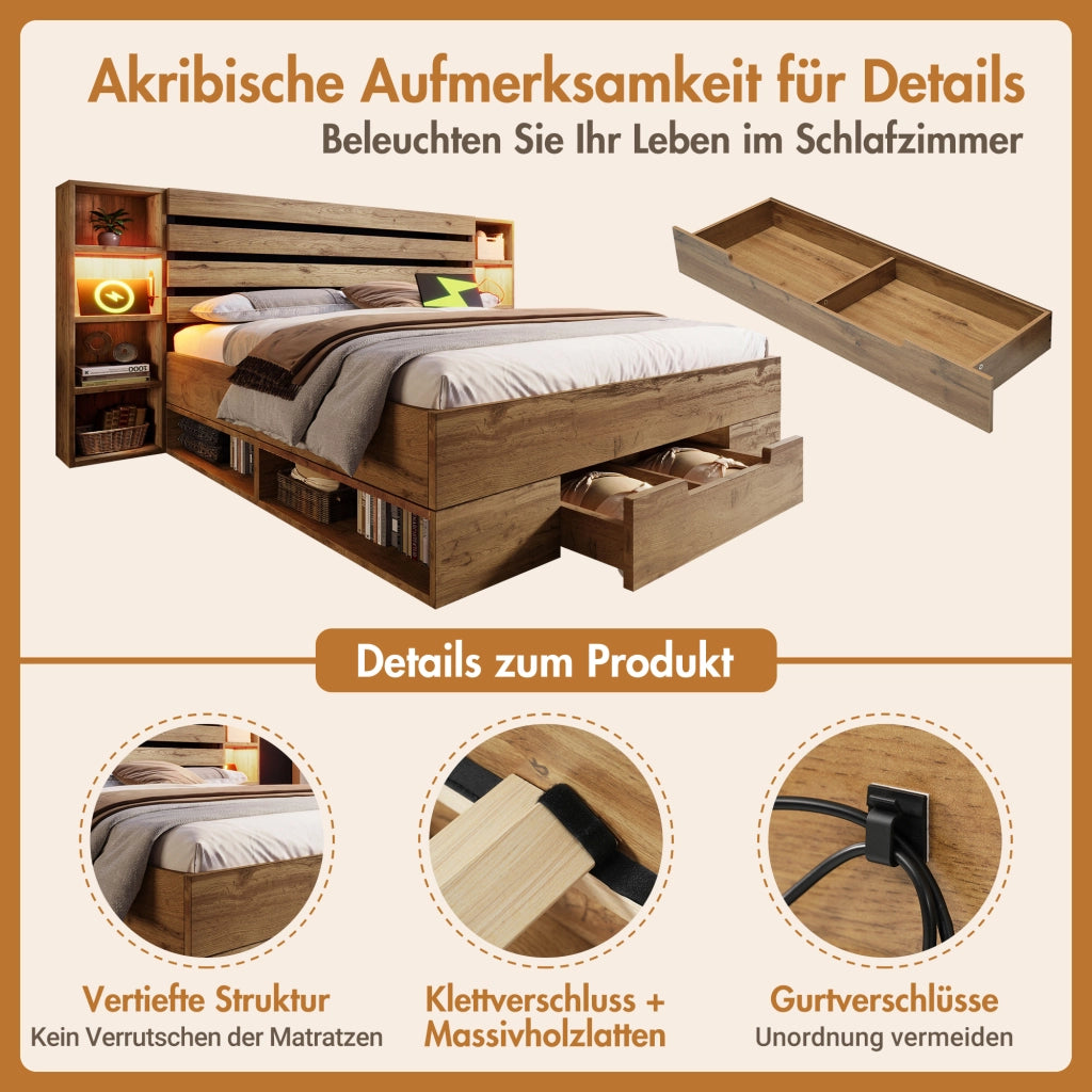 LETTO contenitore 180x200 cm con LED, USB e cassetti Rovere