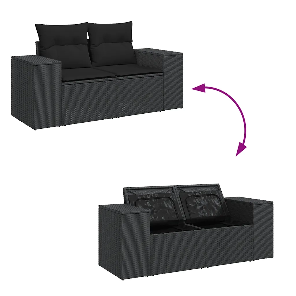 Set Divani Giardino 10pz con Cuscini Nero in Polyrattan Acacia 3327422