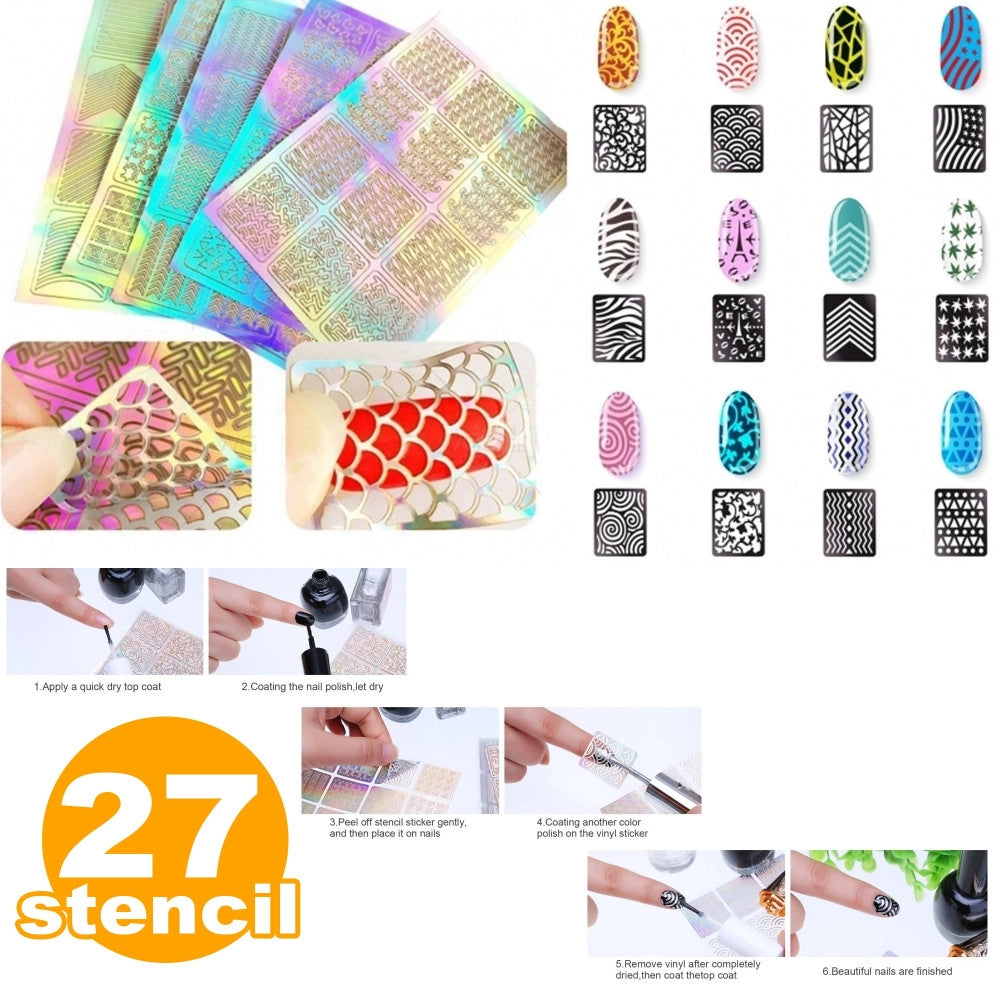Trade Shop - Set 27 Stencil Stampino Disegni Unghie Adesivi Nail Art Manicure Decorazione -