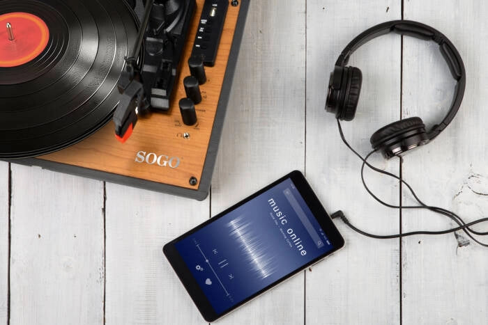Giradischi portatile valigia con altoparlanti integrati, 3 velocità 33-45-78 RPM, Bluetooth, USB, dischi vinile 7-10-12 pollici - SOGO