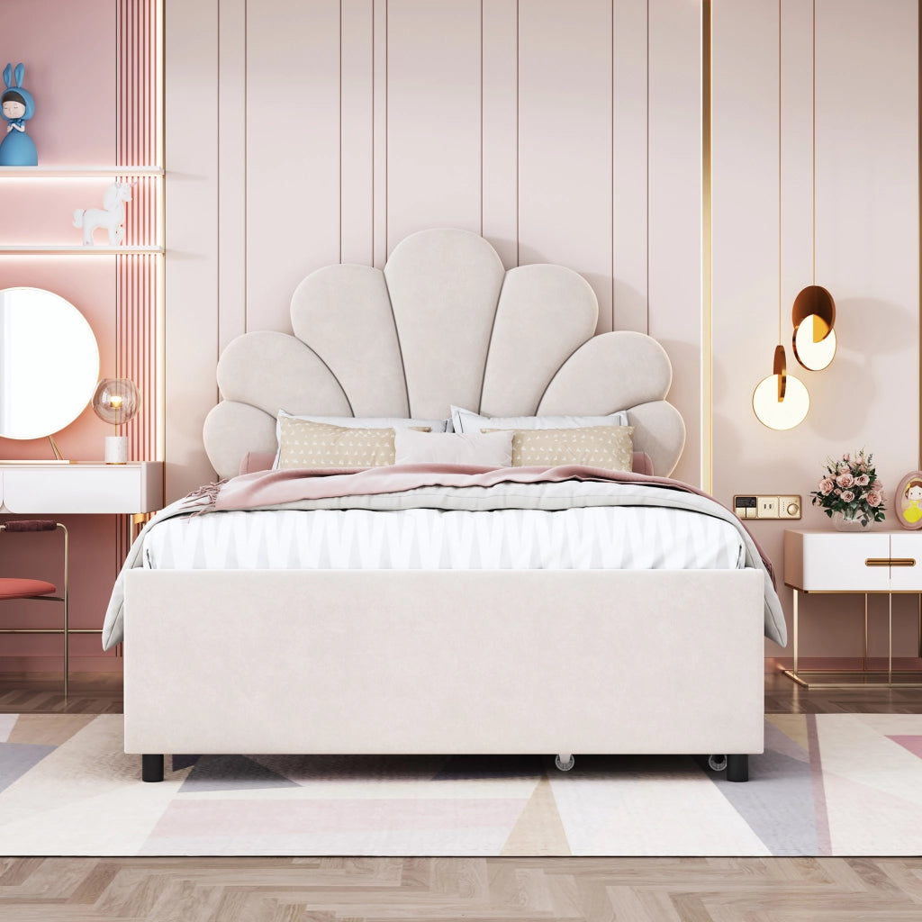 LETTO Imbottito 90x200 cm Beige con 2 cassetti