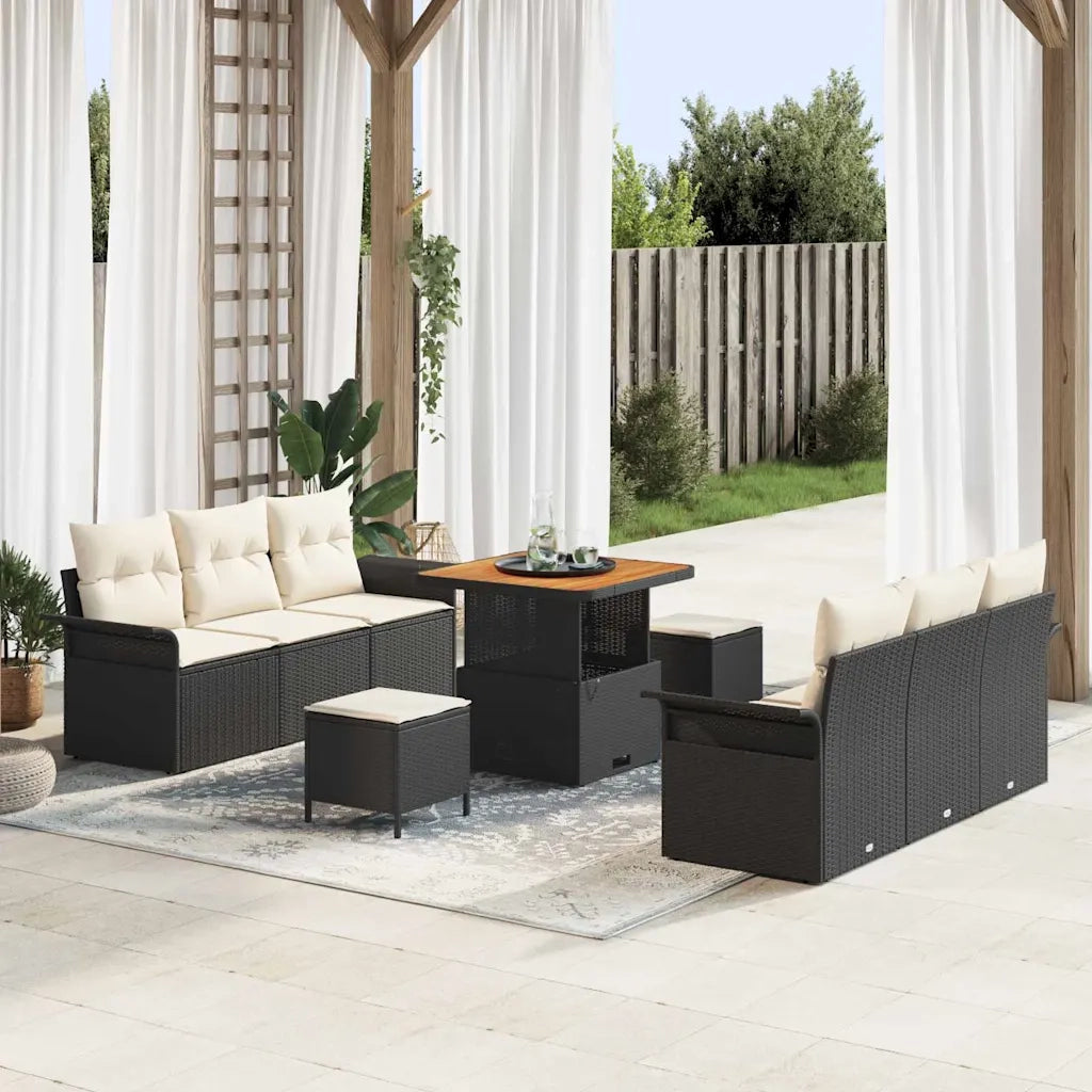 Set Divano da Giardino con cuscino 9 pcs Nero e Crema