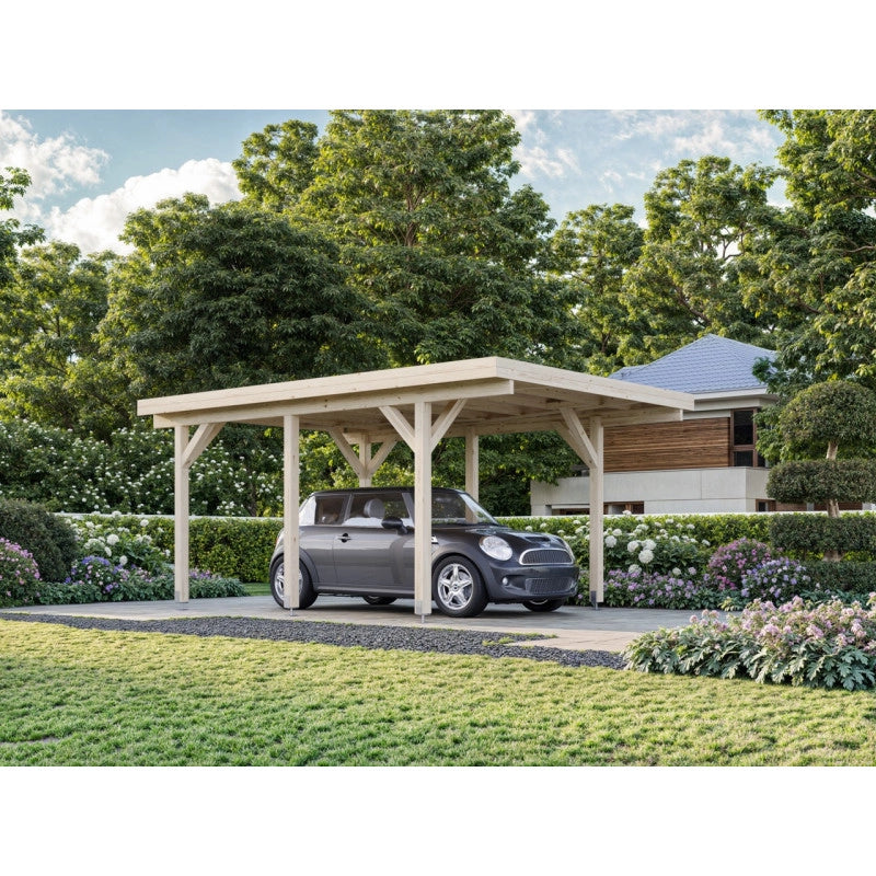 Carport singolo in legno lamellare 11,7 m² con tetto in perline 19 mm per auto da giardino 360x510 cm - Esterni da Vivere