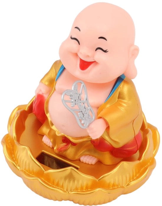 Statua di Buddha che sorride al sole, Maitreya che si muove da solo, decorazione ornamentale con capo oscillante, giocattolo per la fortuna e la ricchezza, Buddha del sole (abito dorato)