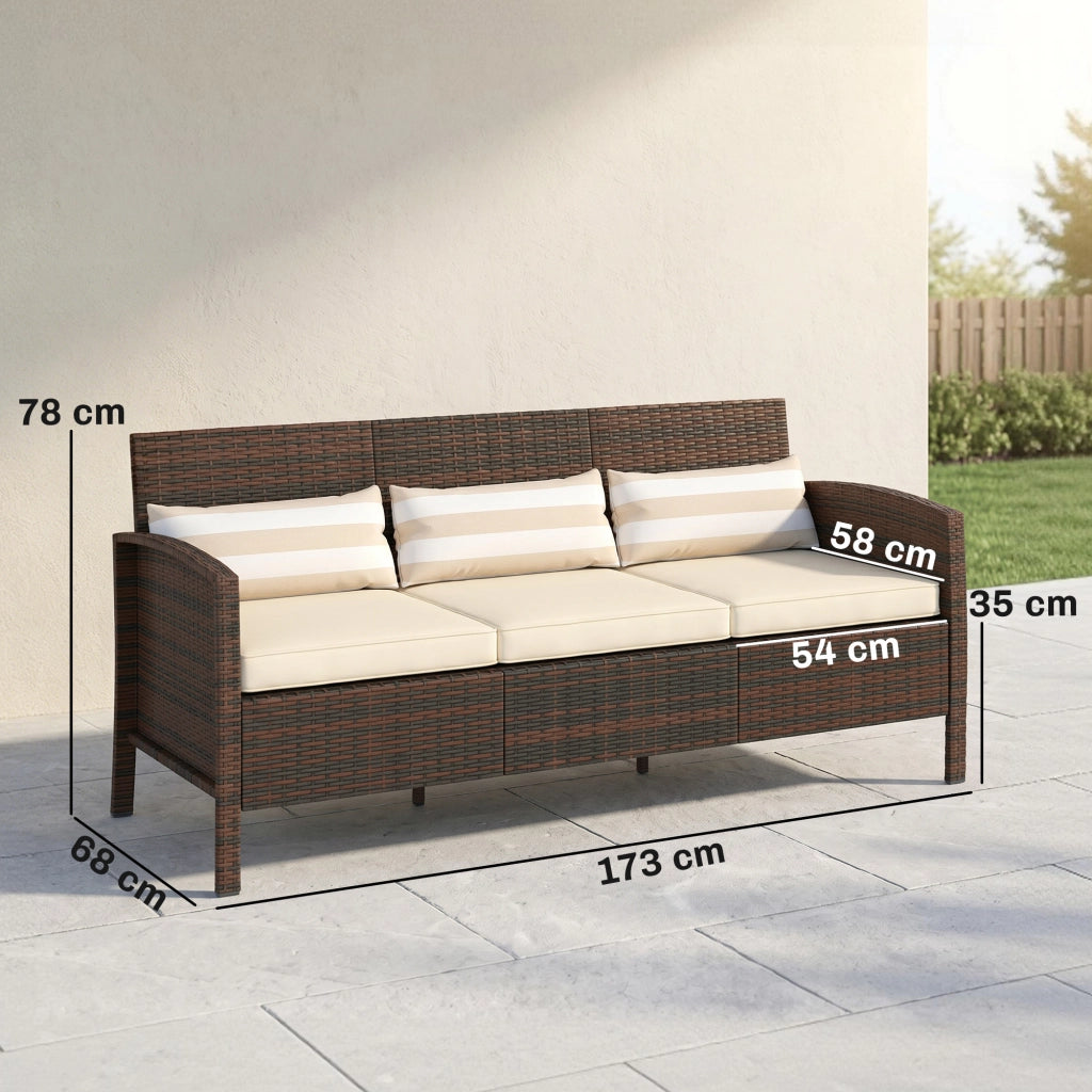 Divano 3 posti da esterno in rattan PE ¨C Xylo ¨C marrone, cuscini imbottiti sfoderabili, 173x68x78 cm