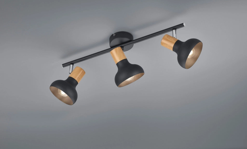 Faretto soffitto a barra 3 luci orientabile nero/legno E14 RL