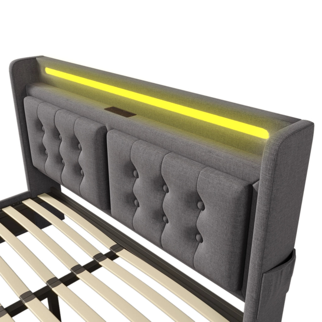 Letto imbottito 140x200 con LED, prese USB e vano contenitore