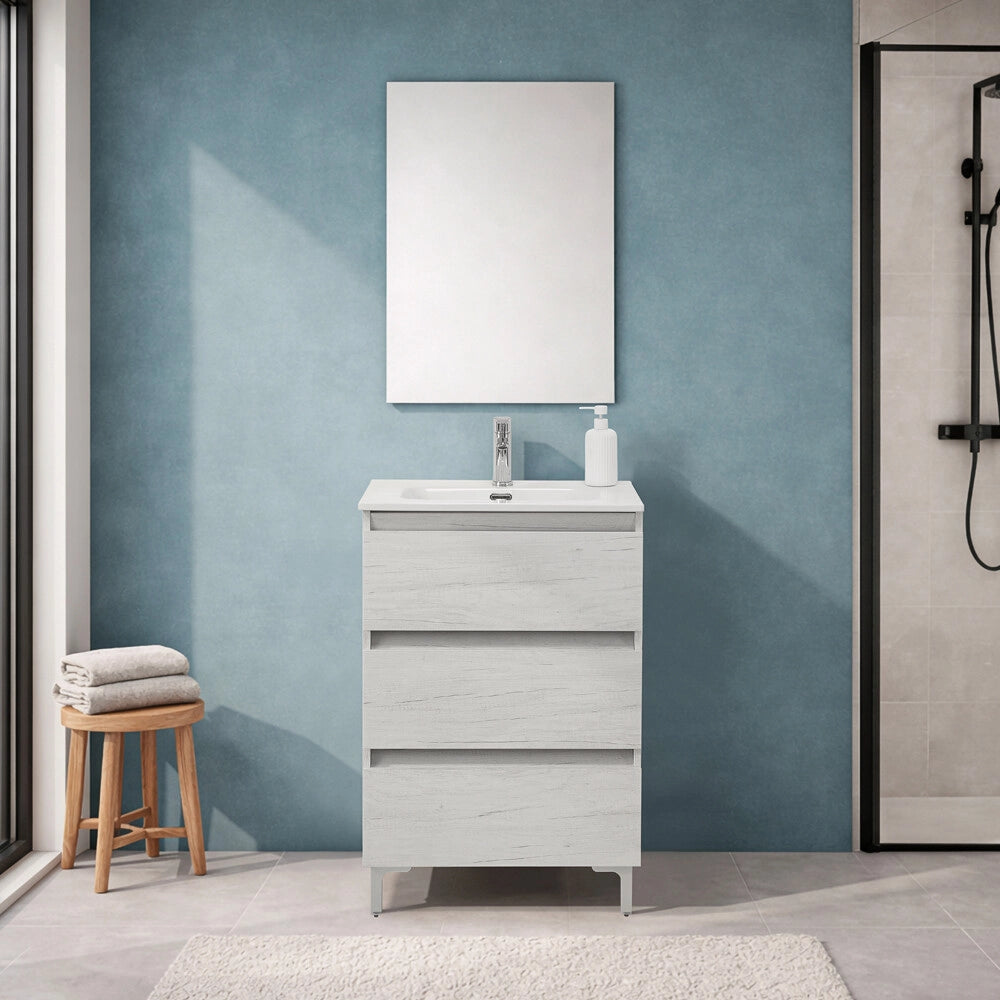Mobile bagno a terra 60 cm in quercia bianca con lavabo e specchio Leda