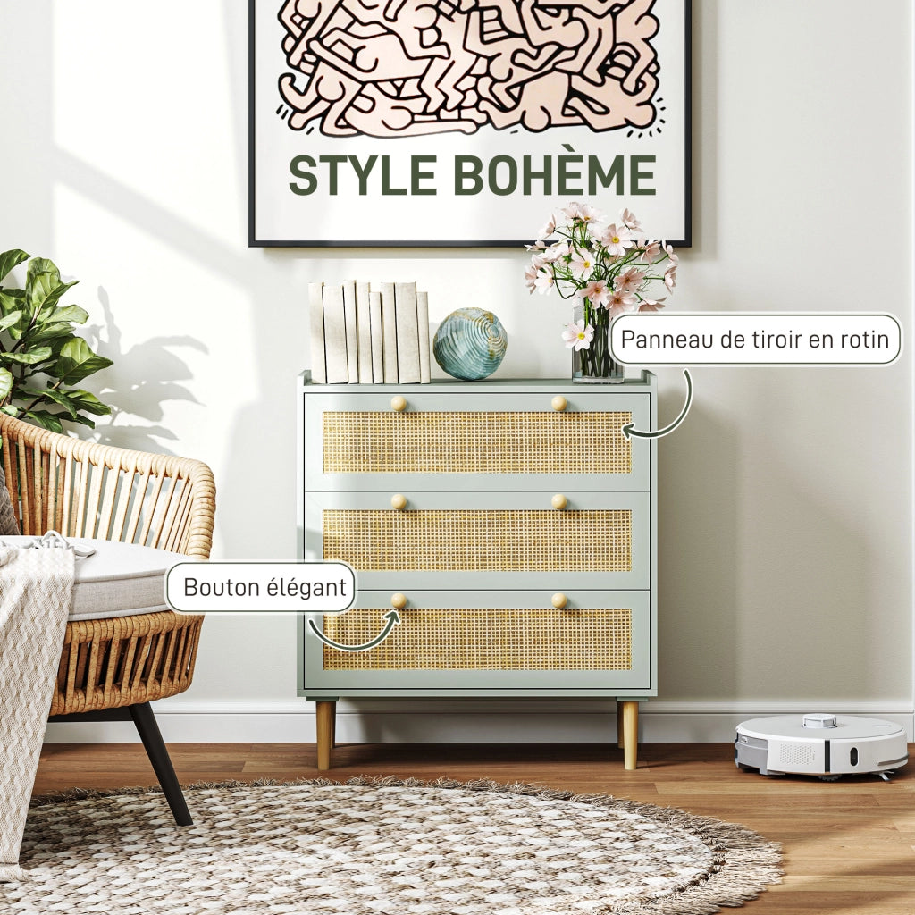 Cassettiera boh¨¦mien rattan naturale ¨C Xylo ¨C 3 cassetti verde oliva