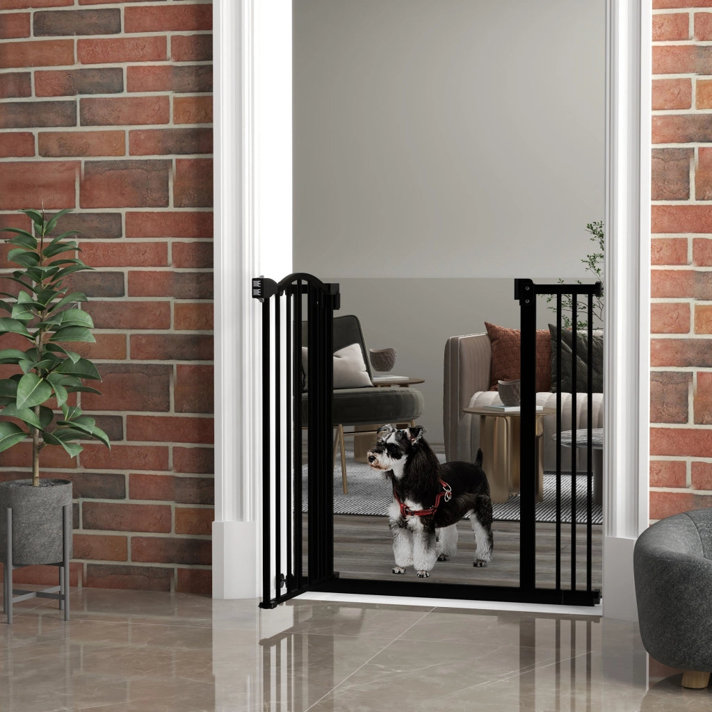Cancelletto per Cani Estensibile con 2 Blocchi e Chiusura Automatica, in Metallo e Plastica, 74-87x78 cm, Nero