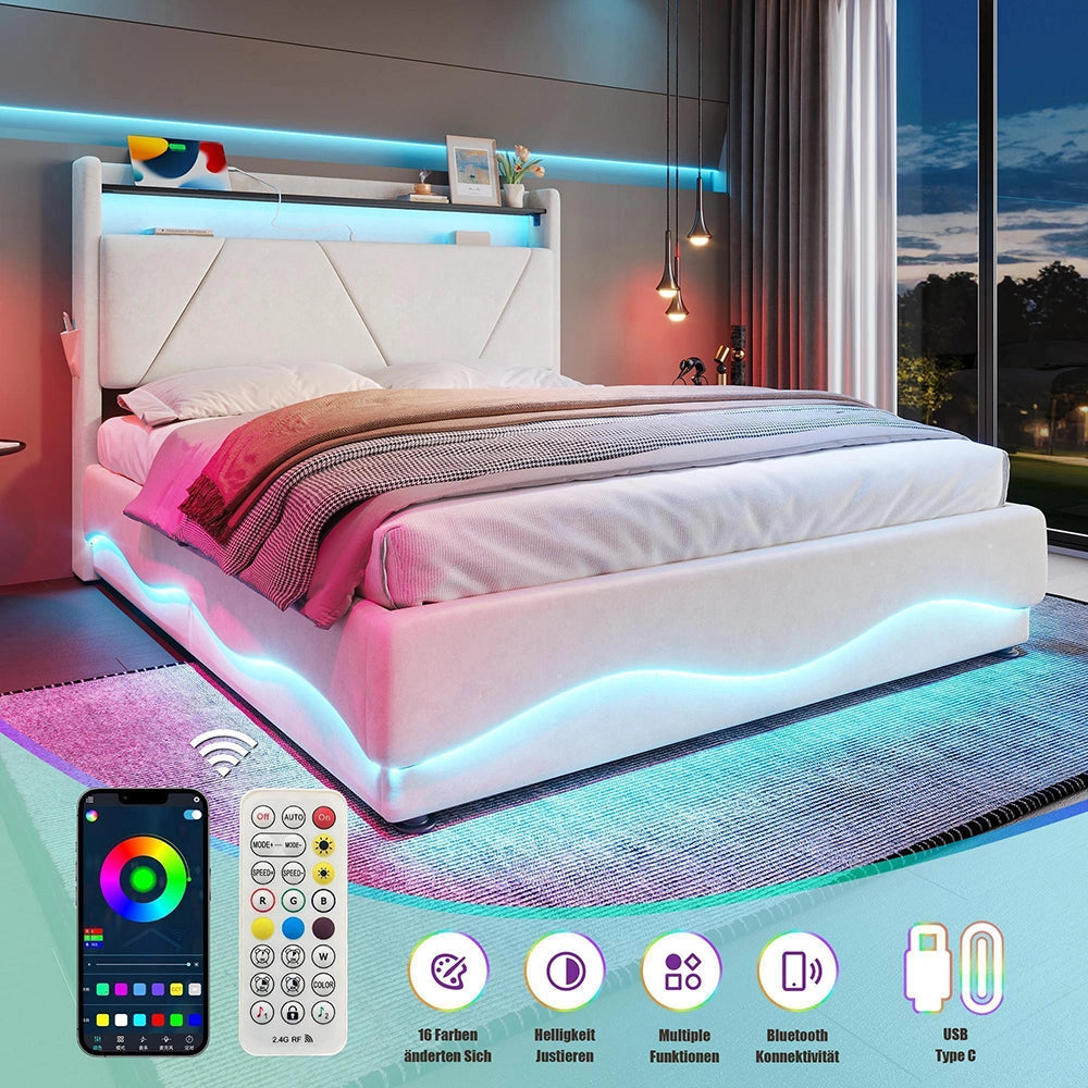 Letto 160x200cm imbottito - Xylo - LED USB ripostiglio idraulico