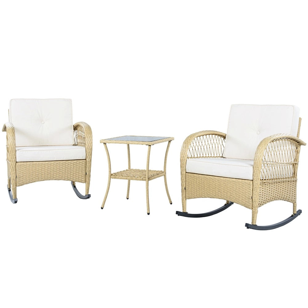 Set da balcone in rattan - Zephmum- 3 pezzi con dondolo e cuscini beige, portata 160 kg