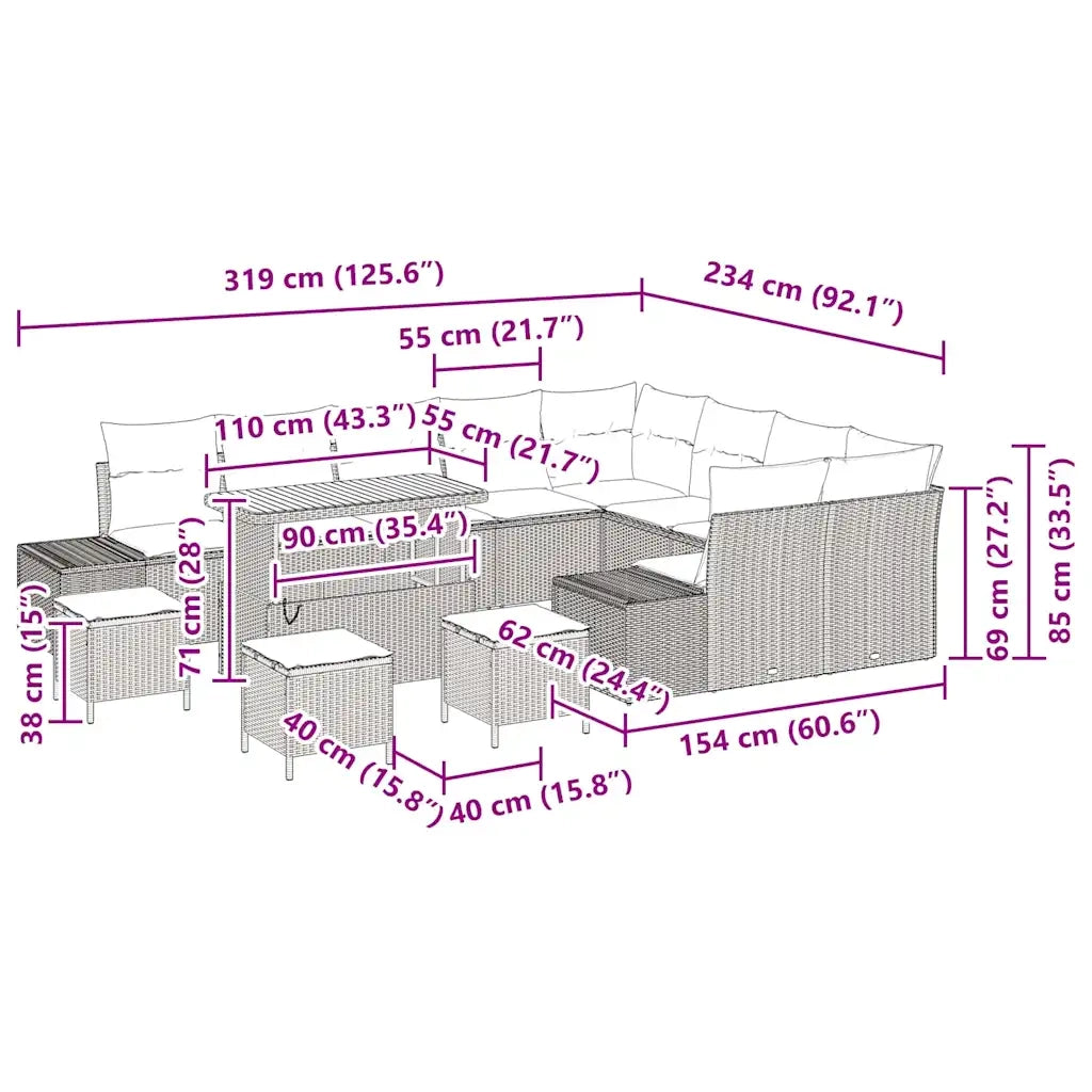 Set Divano da Giardino con cuscino 13 pcs Nero polyrattan 3362830
