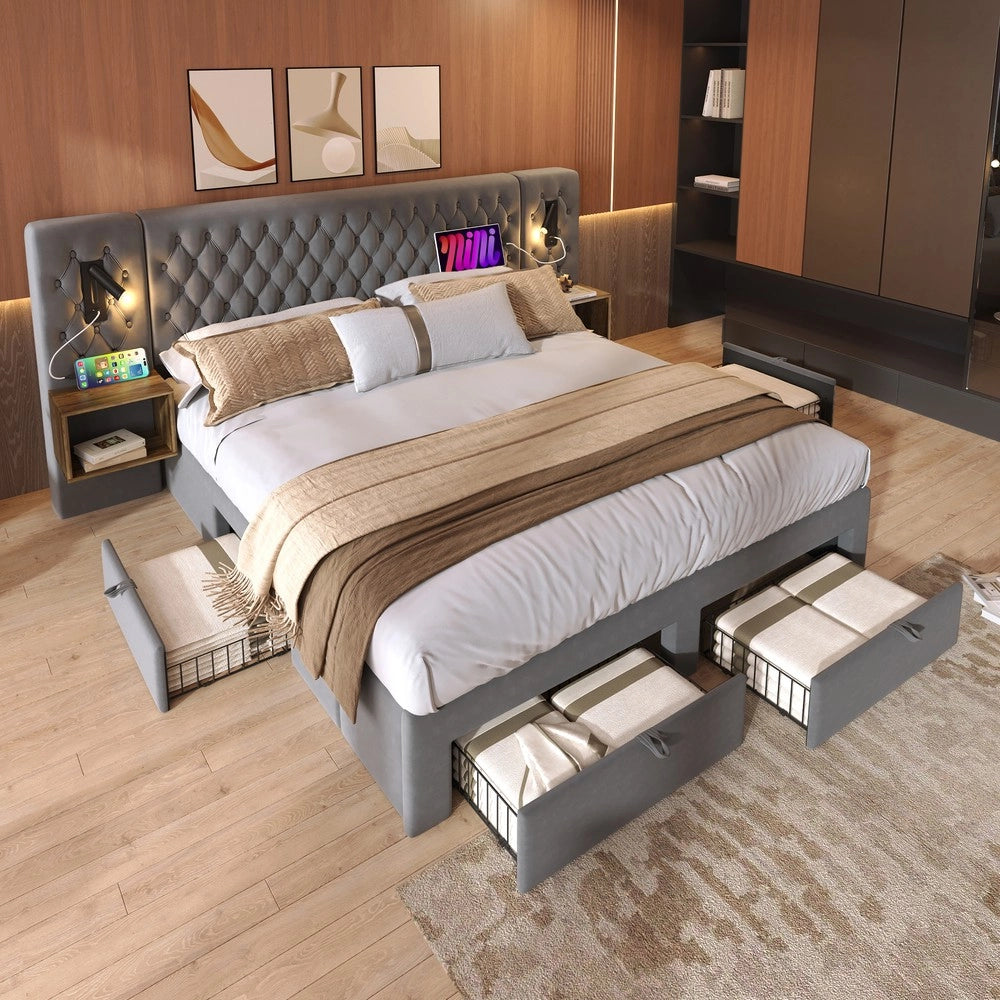 Letto Matrimoniale Imbottito con 2 Comodini e Cassetti, LED e USB ¨C MINIMAL ¨C Grigio Velluto 160x200