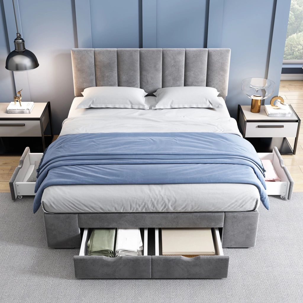 LETTO Imbottito 140x200 cm in velluto grigio con 4 cassetti