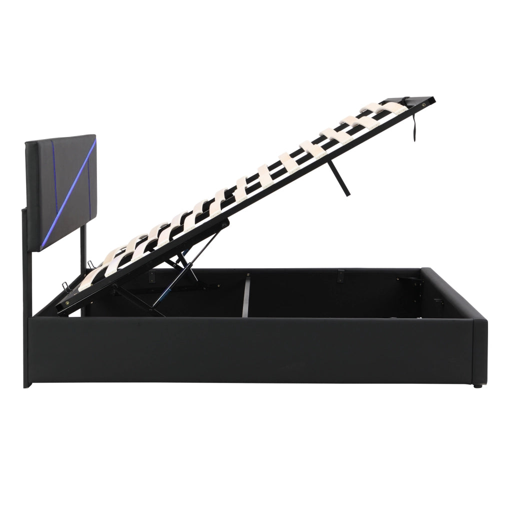 Letto imbottito con LED e contenitore in PU nero