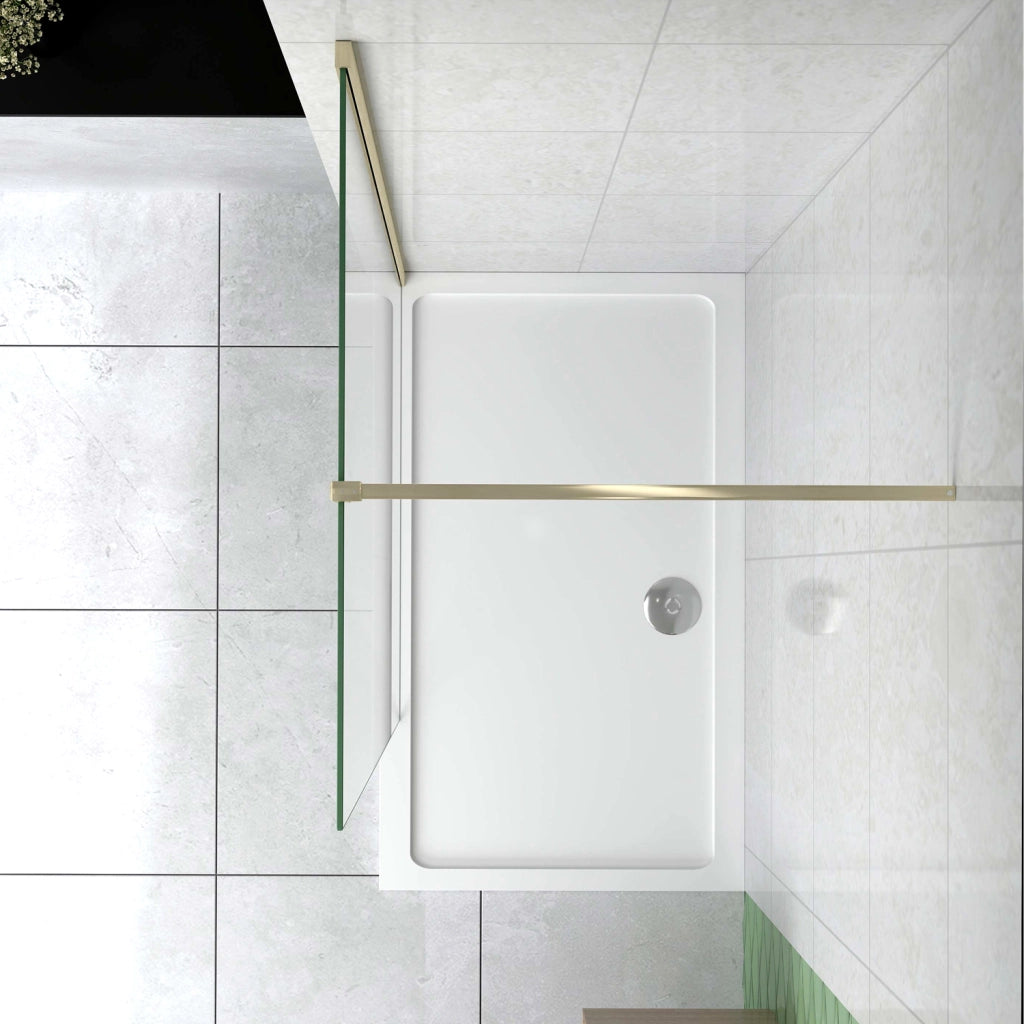 Box Doccia Walk In 85x200 cm Parete Fissa Vetro 8 mm Trasparente Anticalcare Oro Spazzolato Barra Stabilizzatrice 140 cm
