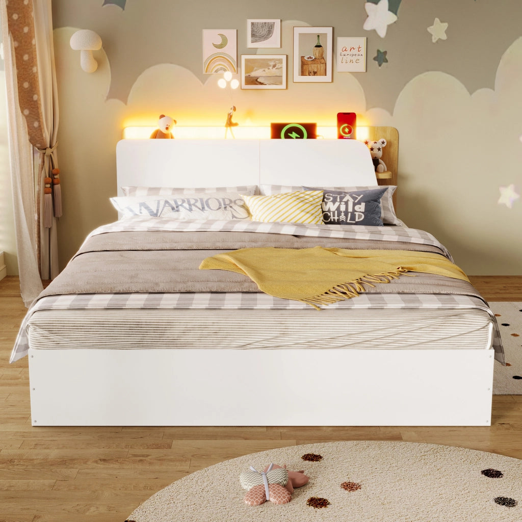 Letto Contenitore con LED e USB ¨C MINIMAL ¨C 140x200, Bianco e Naturale