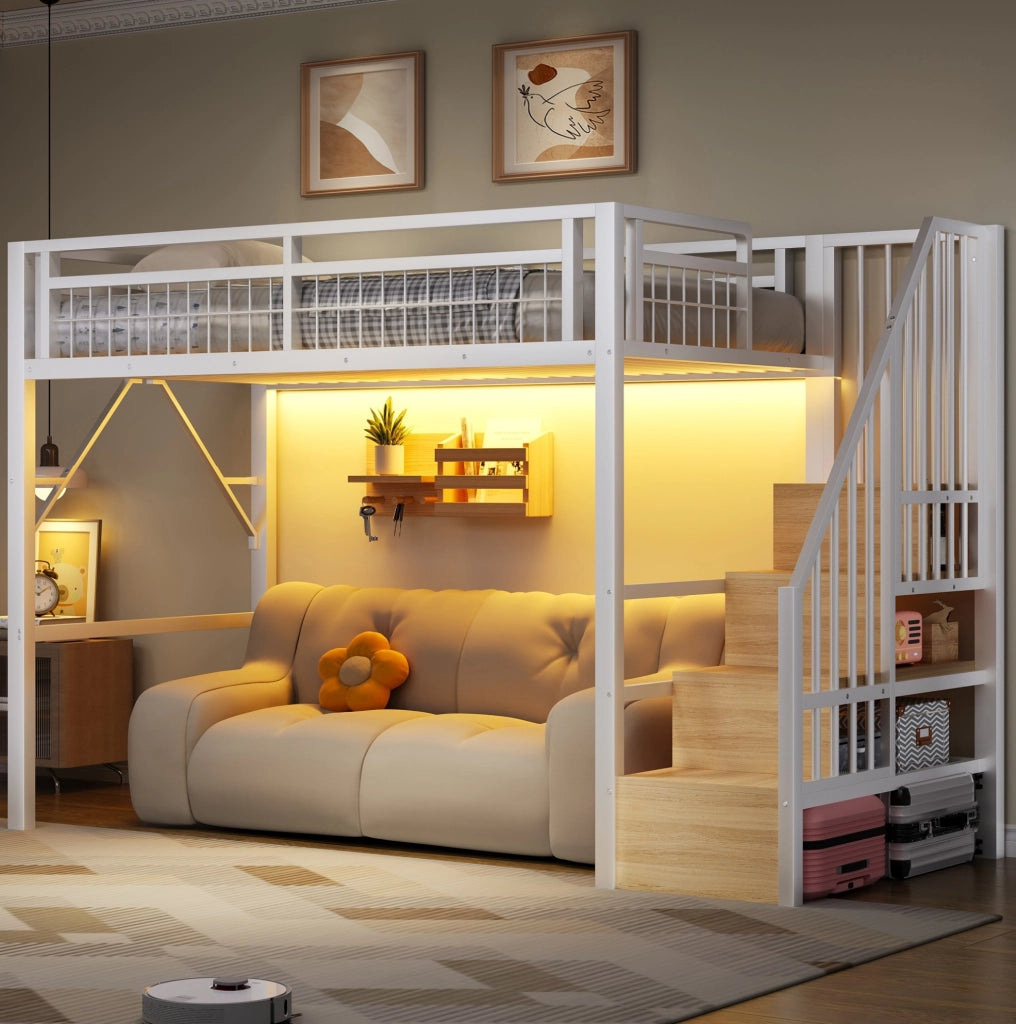 Letto a soppalco 90x200 cm con LED; scala contenitore; metallo e MDF; bianco