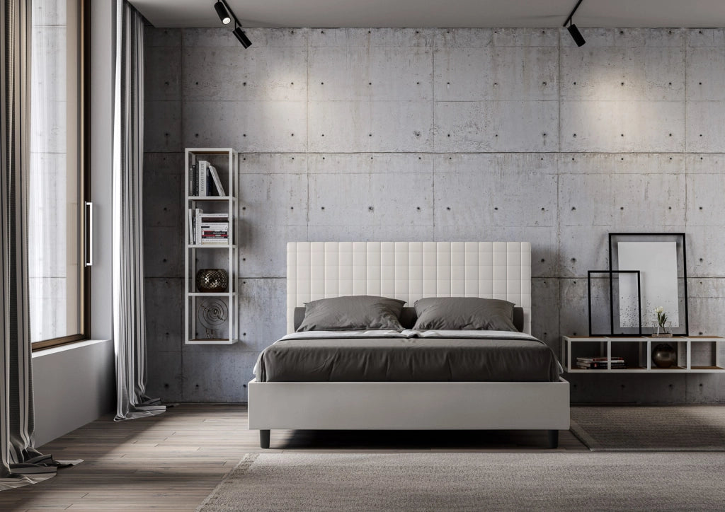 BS COM Letto matrimoniale con rete imbottito 160x200 similpelle bianco