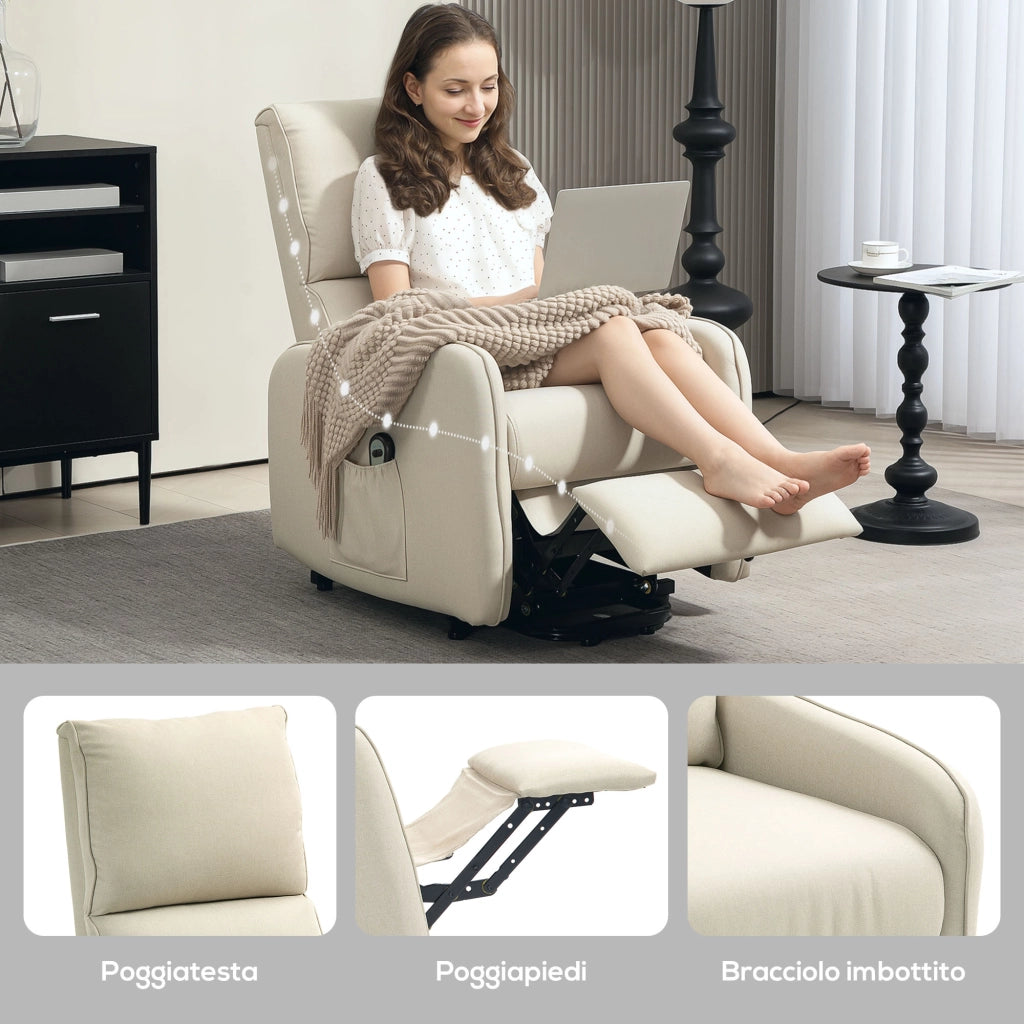 Poltrona Alzapersona Elettrica Reclinabile ¨C Xylo ¨C Tessuto Beige con Telecomando
