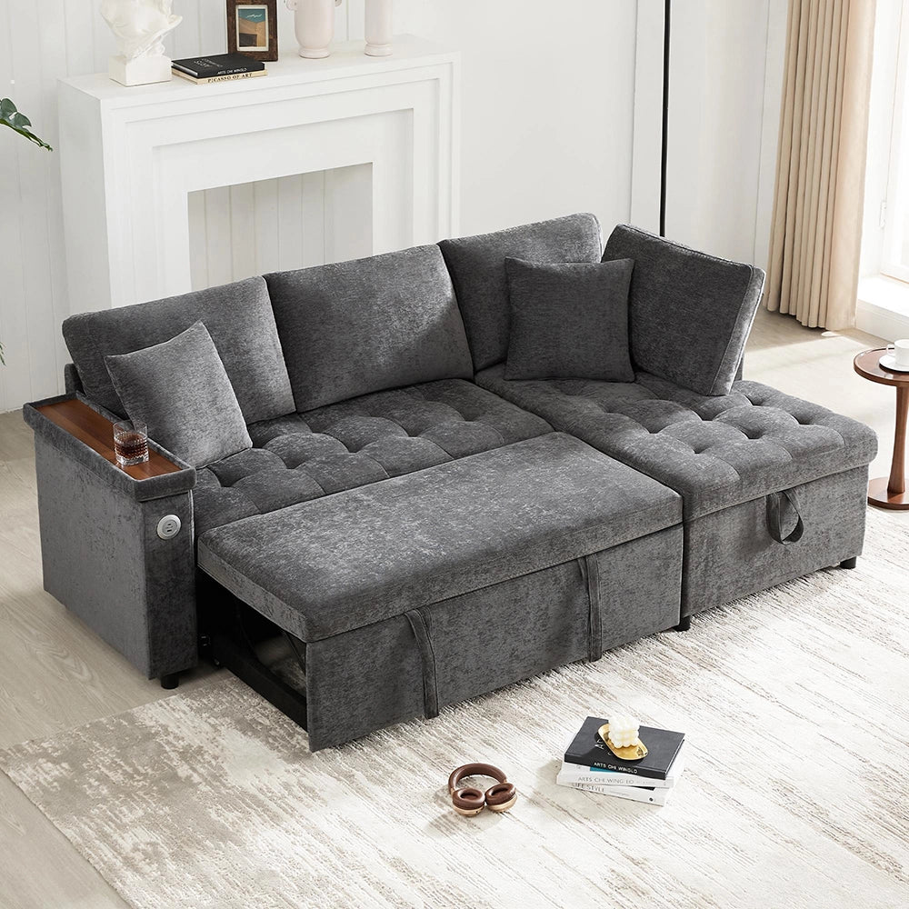 Divano moderno a L - Xylo - Letto convertibile, USB, grigio