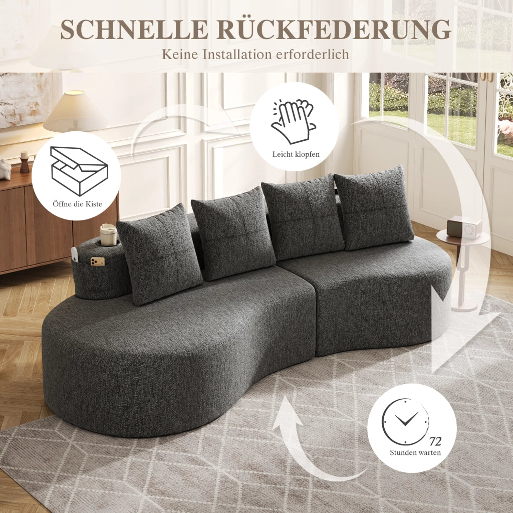 DIVANO 240x109x60 cm in lino grigio scuro con 4 cuscini