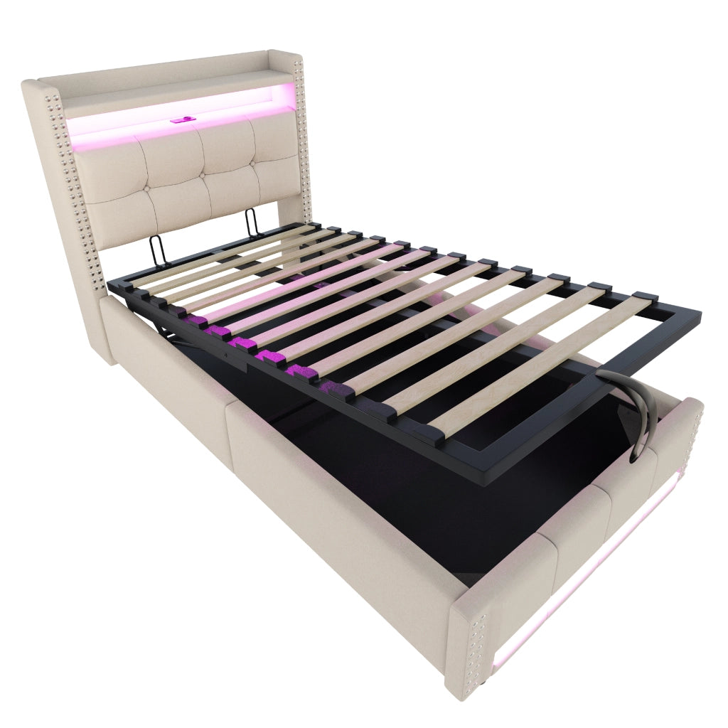 LETTO imbottito singolo 90x200 cm Beige con LED, USB e contenitore