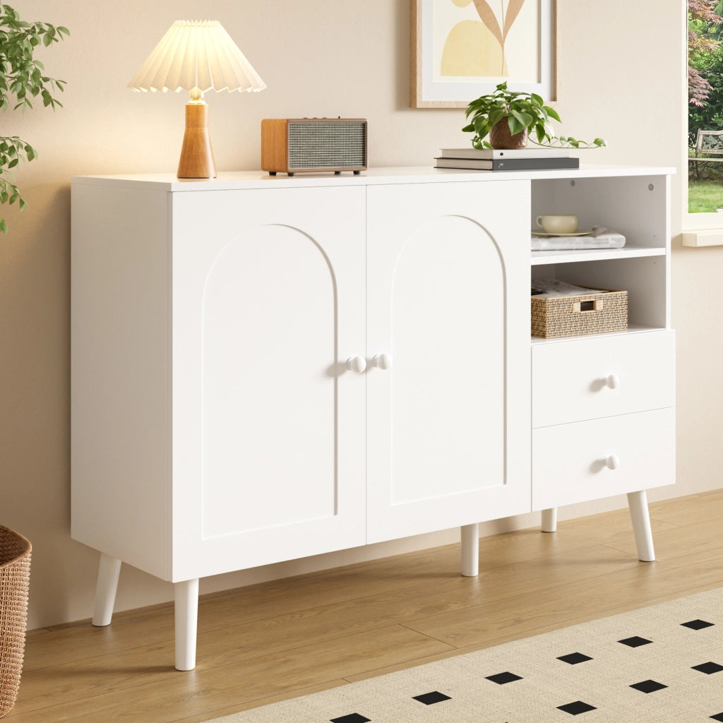 Credenza con 2 ante bombate; 2 cassetti e vani aperti rialzata in MDF e pannello truciolare bianca 118 × 35 × 82 cm