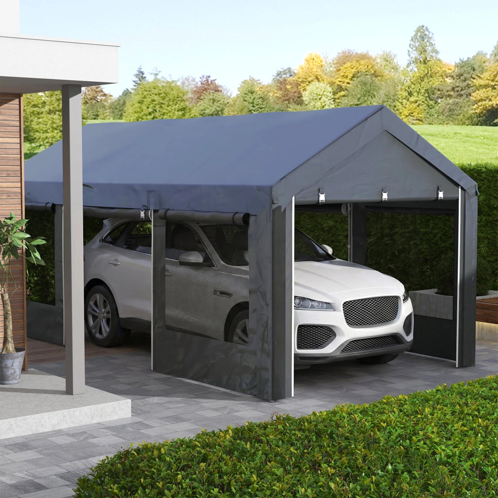 Gazebo per Auto e Feste con Altezza Regolabile, 4 Porte e 4 Finestre, 6x3m Grigio Scuro