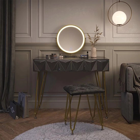 Set di trucco con specchio LED e sgabello, Nero lucido, 100 cm