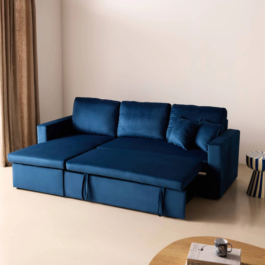 Divano letto angolare reversibile in velluto con contenitore, 3 posti,