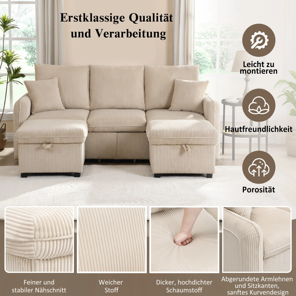DIVANO 3 posti modulare con 2 pouf contenitore, tessuto corda beige
