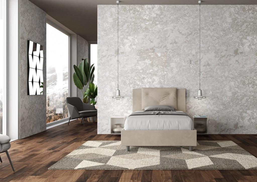 BS COM Letto singolo contenitore imbottito 100x190 microfibra sabbia