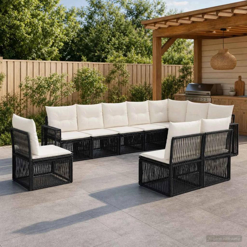 Set Divano da Giardino 10 pz Nero e Bianco Crema polyrattan 3435151