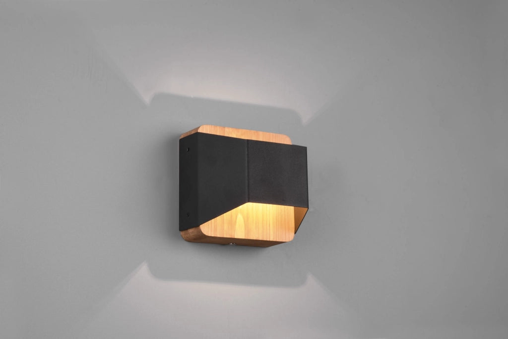 ARINO APPLIQUE LED 4,3W 430lm, 3000K BI-EMISSIONE LEGNO NATURALE CON FASCIA NERA DIMMERABILE CON INTERRUTTORE L. 12,2CM