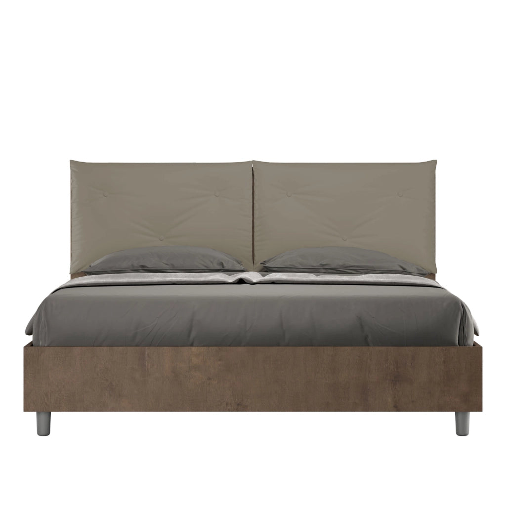 BS COM Letto matrimoniale con rete 160x190 Noce cuscini similpelle cappuccino