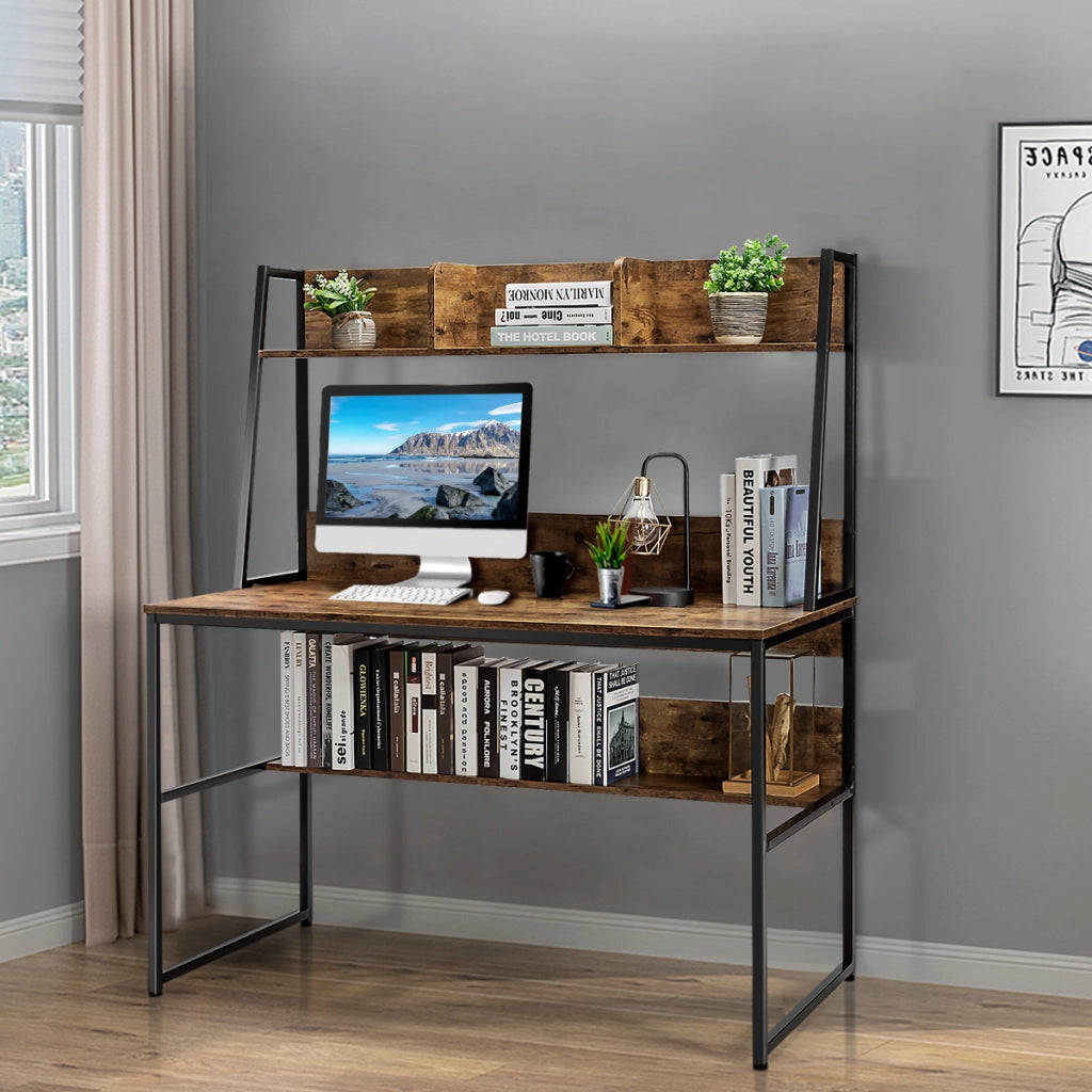 Scrivania per computer con 3 scomparti libreria e ripiano, Scrivania da 120cm salvaspazio per ufficio Marrone