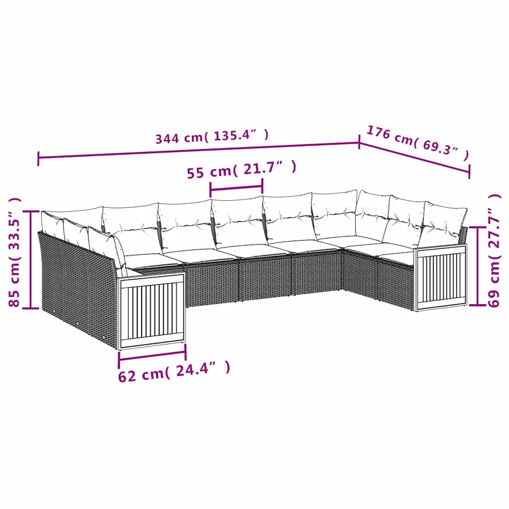 Set Divani da Giardino 10 pz con Cuscini Nero in Polyrattan 3228003