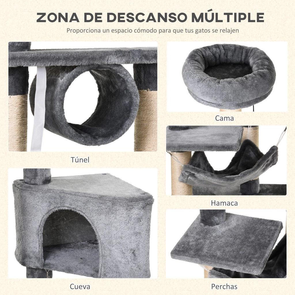 Torre per Gatti con Piattaforme Tunnel e Amaca ¨C Minimal ¨C Grigio 60x40x154 cm