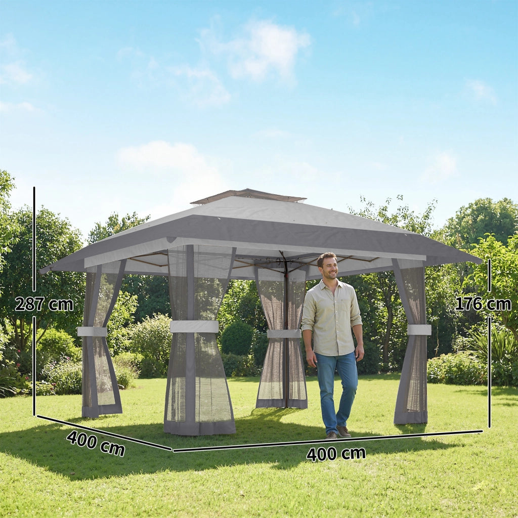 Tenda da Giardino Pieghevole 4x4 m Grigio ¨C Minimal ¨C Con Doppio Tetto e 4 Pareti a Rete