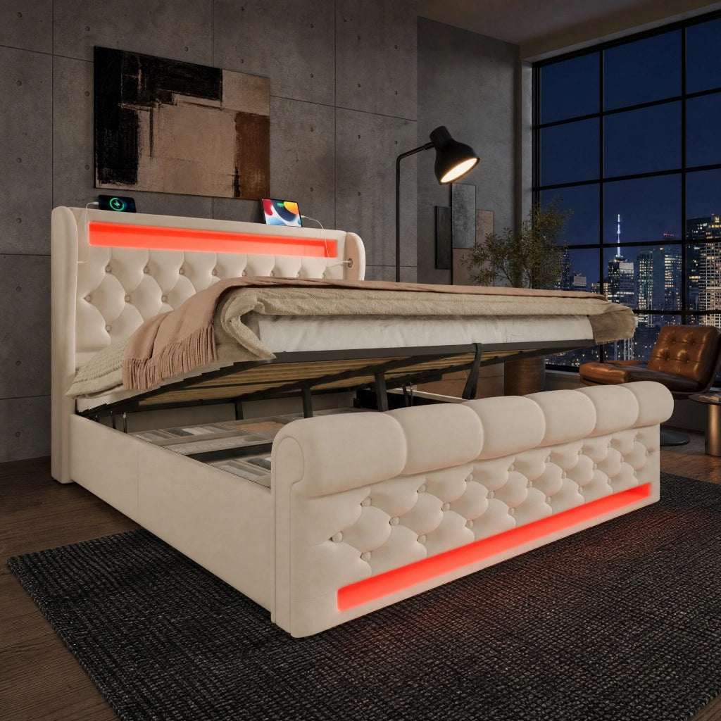 LETTO Contenitore idraulico 140x200 cm velluto beige con LED, USB e Type-C