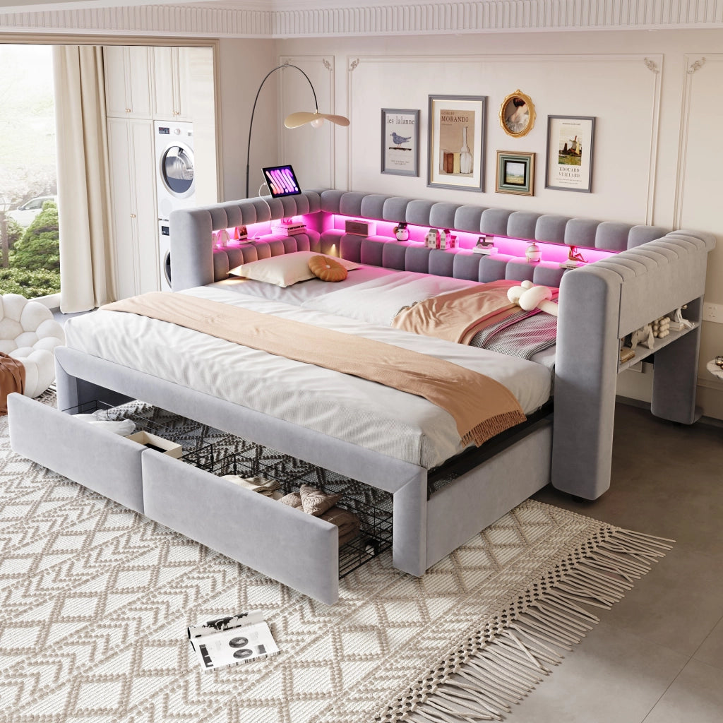 Letto imbottito contenitore ¨C Minimal ¨C grigio chiaro velluto con cassetti led 90x190/180x190 cm