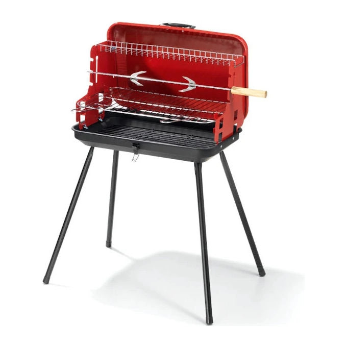 Ompagrill barbecue a valigetta a carbonella, con coperchio, griglia in acciaio cromato 2 posizioni, 46x28 cm