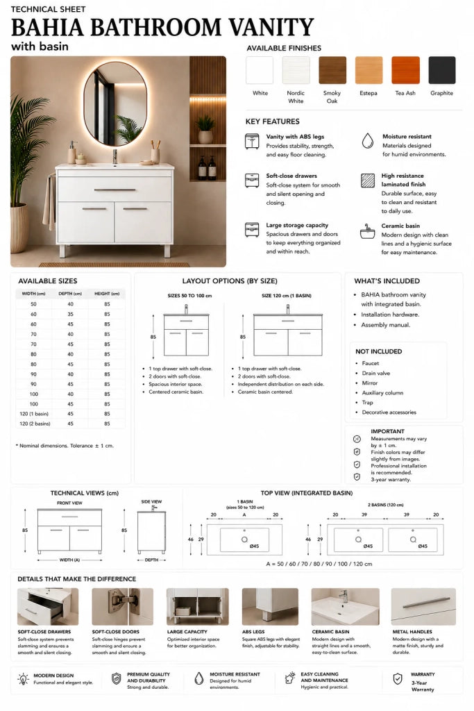 Mobile bagno con lavabo ORIGENBATH BAHIA senza specchio 90x40 cm rovere smoky