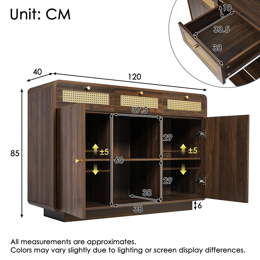 Credenza Sideboard 120cm - Xylo - Noce con 3 Cassetti e Maniglie in Vimini/Oro